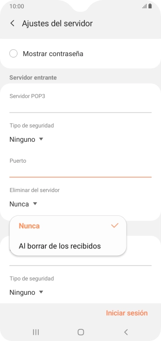 Pulsa Nunca para conservar los correos electrónicos en el servidor cuando los borras del teléfono. Pulsa Nunca para conservar los correos electrónicos en el servidor cuando los borras del teléfono.