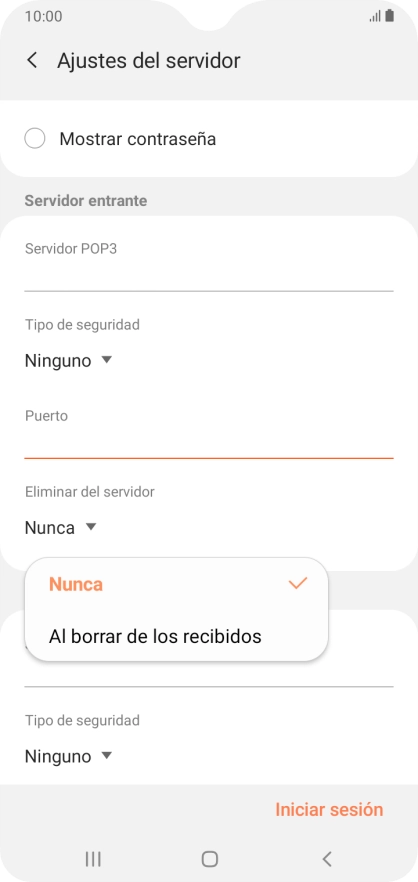 Pulsa Nunca para conservar los correos electrónicos en el servidor cuando los borras del teléfono. Pulsa Nunca para conservar los correos electrónicos en el servidor cuando los borras del teléfono.