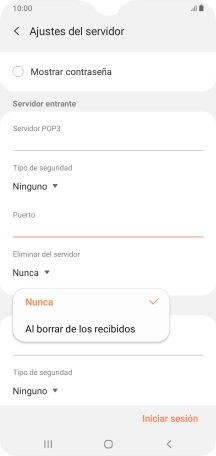 Pulsa Nunca para conservar los correos electrónicos en el servidor cuando los borras del teléfono. Pulsa Nunca para conservar los correos electrónicos en el servidor cuando los borras del teléfono.