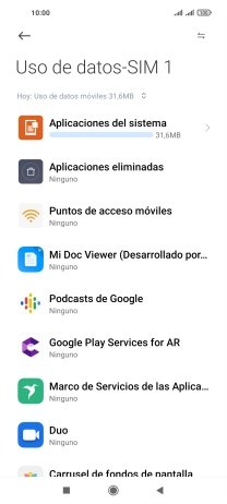El consumo de datos por cada aplicación aparece bajo el nombre de la aplicación. El consumo de datos por cada aplicación aparece bajo el nombre de la aplicación.