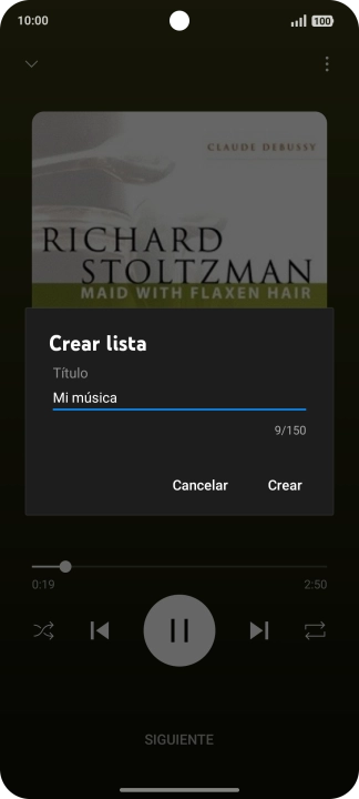 Introduce el nombre deseado de la lista de reproducción y pulsa Crear. Introduce el nombre deseado de la lista de reproducción y pulsa Crear.