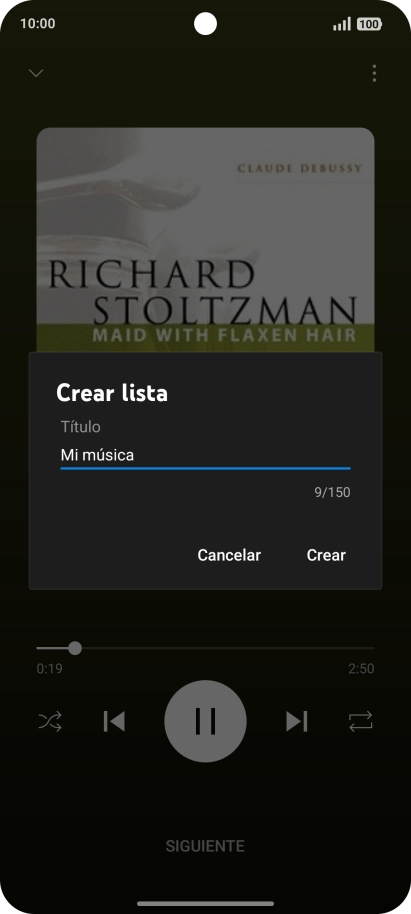 Introduce el nombre deseado de la lista de reproducción y pulsa Crear. Introduce el nombre deseado de la lista de reproducción y pulsa Crear.
