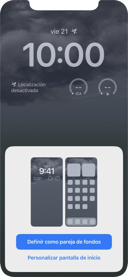 Si deseas utilizar el mismo tema de color en la pantalla de inicio, pulsa Definir como pareja de fondos. Si deseas utilizar el mismo tema de color en la pantalla de inicio, pulsa Definir como pareja de fondos.