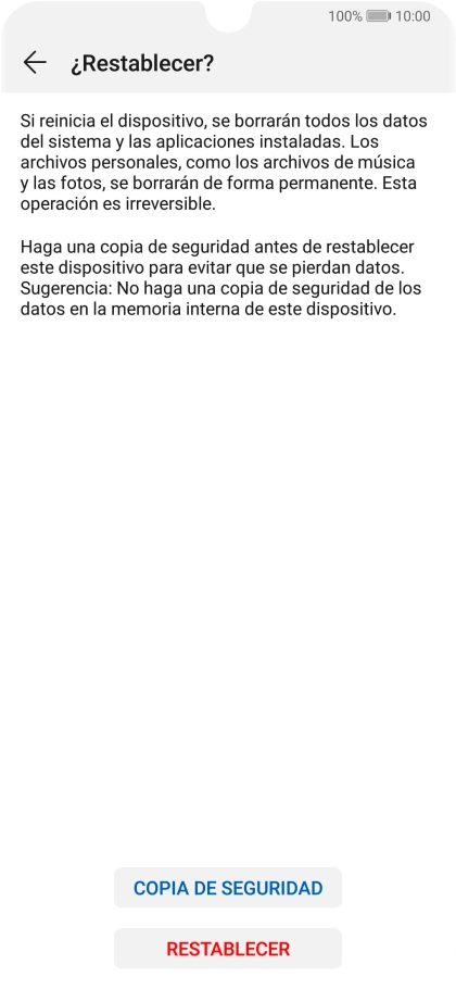 Pulsa RESTABLECER. Espera unos instantes mientras el teléfono restablece la configuración predeterminada. Sigue las indicaciones de la pantalla para configurar el teléfono y dejarlo listo para su uso. Pulsa RESTABLECER. Espera unos instantes mientras el teléfono restablece la configuración predeterminada. Sigue las indicaciones de la pantalla para configurar el teléfono y dejarlo listo para su uso.