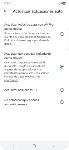 Para activar la actualización automática de apps utilizando la red móvil, pulsa Actualizar todas las apps con Wi-Fi o datos móviles. Para activar la actualización automática de apps utilizando la red móvil, pulsa Actualizar todas las apps con Wi-Fi o datos móviles.