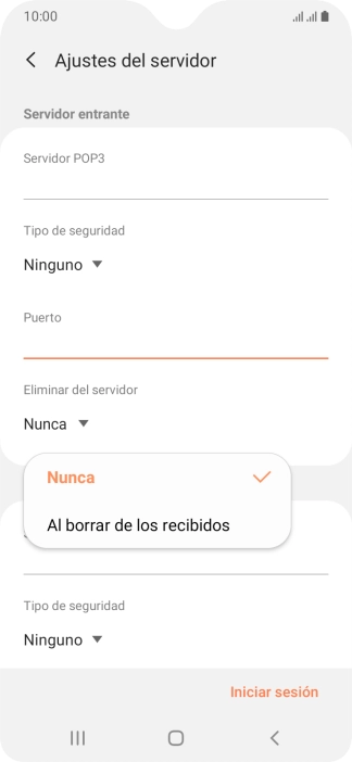 Pulsa Nunca para conservar los correos electrónicos en el servidor cuando los borras del teléfono. Pulsa Nunca para conservar los correos electrónicos en el servidor cuando los borras del teléfono.