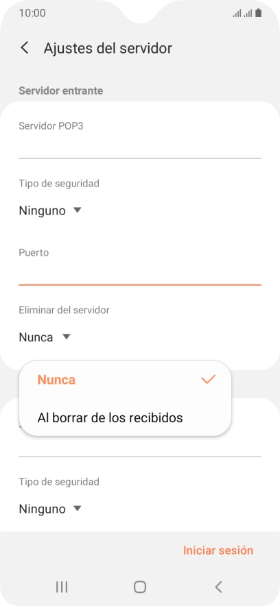 Pulsa Nunca para conservar los correos electrónicos en el servidor cuando los borras del teléfono. Pulsa Nunca para conservar los correos electrónicos en el servidor cuando los borras del teléfono.