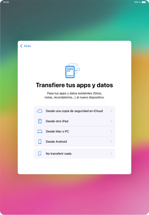 Puedes transferir el contenido de un dispositivo Android cuando activas tu tablet por primera vez y cuando la has restablecido. Cuando aparezca en la pantalla de la tablet esta imagen, ya está lista para la transmisión del contenido de un dispositivo Android. Puedes transferir el contenido de un dispositivo Android cuando activas tu tablet por primera vez y cuando la has restablecido. Cuando aparezca en la pantalla de la tablet esta imagen, ya está lista para la transmisión del contenido de un dispositivo Android.
