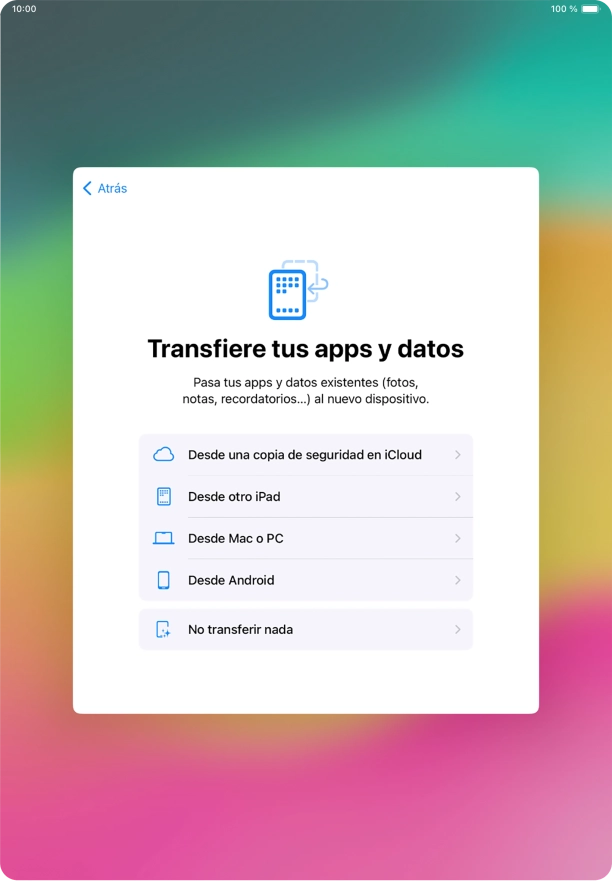 Puedes transferir el contenido de un dispositivo Android cuando activas tu tablet por primera vez y cuando la has restablecido. Cuando aparezca en la pantalla de la tablet esta imagen, ya está lista para la transmisión del contenido de un dispositivo Android. Puedes transferir el contenido de un dispositivo Android cuando activas tu tablet por primera vez y cuando la has restablecido. Cuando aparezca en la pantalla de la tablet esta imagen, ya está lista para la transmisión del contenido de un dispositivo Android.