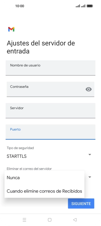 Pulsa Nunca para conservar los correos electrónicos en el servidor cuando los borras del teléfono.