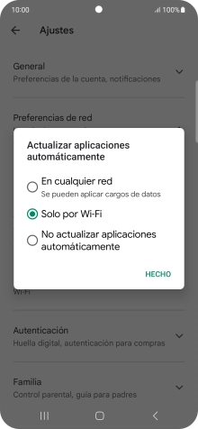 Para activar la actualización automática de apps utilizando la red móvil, pulsa En cualquier red.