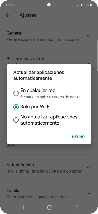 Para activar la actualización automática de apps utilizando la red móvil, pulsa En cualquier red.