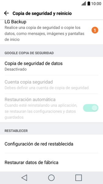 Pulsa Restaurar datos de fábrica.