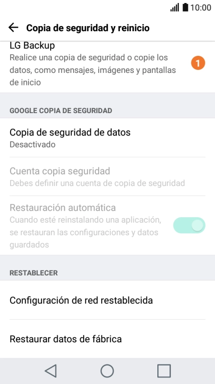 Pulsa Restaurar datos de fábrica.