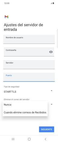 Pulsa Nunca para conservar los correos electrónicos en el servidor cuando los borras del teléfono. Pulsa Nunca para conservar los correos electrónicos en el servidor cuando los borras del teléfono.