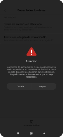 Pulsa Aceptar. Espera unos instantes mientras el teléfono restablece la configuración predeterminada. Sigue las indicaciones de la pantalla para configurar el teléfono y dejarlo listo para su uso. Pulsa Aceptar. Espera unos instantes mientras el teléfono restablece la configuración predeterminada. Sigue las indicaciones de la pantalla para configurar el teléfono y dejarlo listo para su uso.
