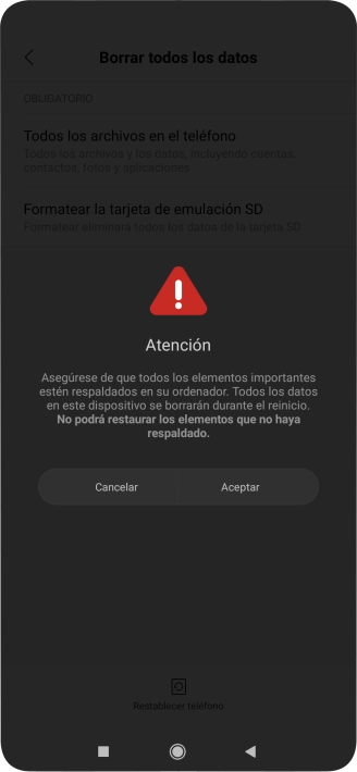 Pulsa Aceptar. Espera unos instantes mientras el teléfono restablece la configuración predeterminada. Sigue las indicaciones de la pantalla para configurar el teléfono y dejarlo listo para su uso. Pulsa Aceptar. Espera unos instantes mientras el teléfono restablece la configuración predeterminada. Sigue las indicaciones de la pantalla para configurar el teléfono y dejarlo listo para su uso.
