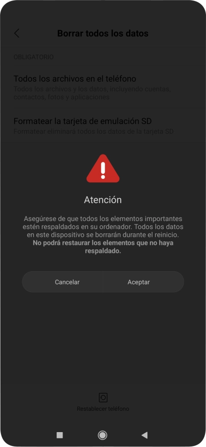 Pulsa Aceptar. Espera unos instantes mientras el teléfono restablece la configuración predeterminada. Sigue las indicaciones de la pantalla para configurar el teléfono y dejarlo listo para su uso. Pulsa Aceptar. Espera unos instantes mientras el teléfono restablece la configuración predeterminada. Sigue las indicaciones de la pantalla para configurar el teléfono y dejarlo listo para su uso.