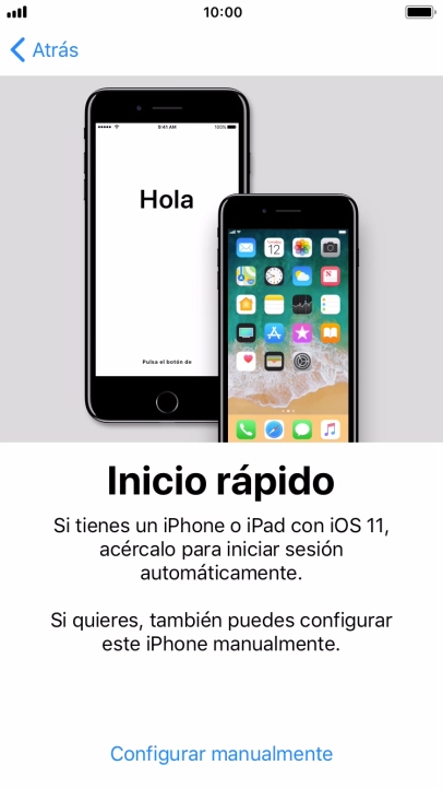 Sigue las indicaciones de la pantalla para transferir contenido de otro dispositivo iOS11 o pulsa Configurar manualmente. Sigue las indicaciones de la pantalla para transferir contenido de otro dispositivo iOS11 o pulsa Configurar manualmente.