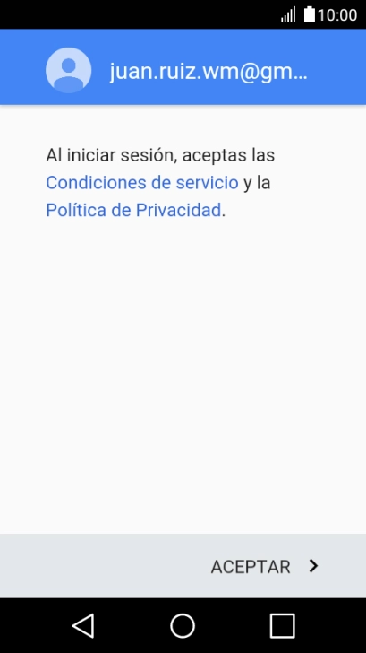 Pulsa ACEPTAR y sigue las indicaciones de la pantalla para seleccionar los ajustes de tu cuenta de Google. Pulsa ACEPTAR y sigue las indicaciones de la pantalla para seleccionar los ajustes de tu cuenta de Google.