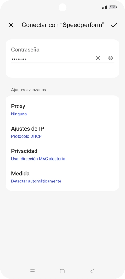 Introduce la contraseña de la red Wi-Fi y pulsa el icono de aceptar. Introduce la contraseña de la red Wi-Fi y pulsa el icono de aceptar.