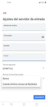 Pulsa Nunca para conservar los correos electrónicos en el servidor cuando los borras del teléfono. Pulsa Nunca para conservar los correos electrónicos en el servidor cuando los borras del teléfono.