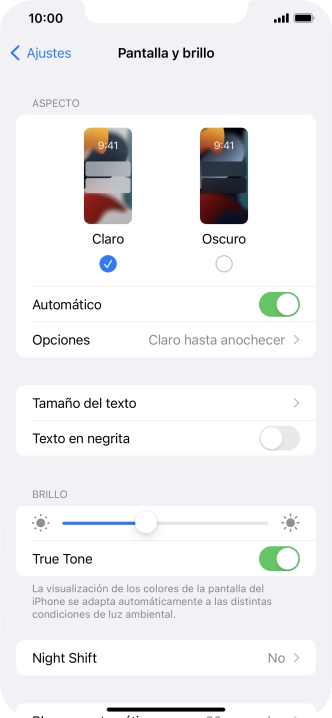 Si activas la función, pulsa Opciones y sigue las indicaciones de la pantalla para seleccionar el período de tiempo que debe durar el Modo Oscuro. Si activas la función, pulsa Opciones y sigue las indicaciones de la pantalla para seleccionar el período de tiempo que debe durar el Modo Oscuro.