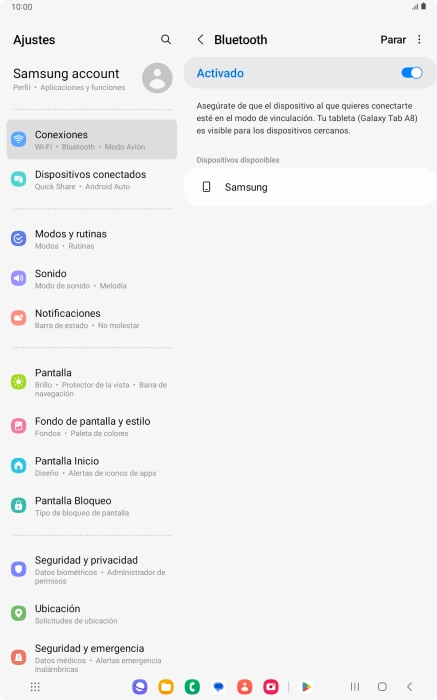 Pulsa el dispositivo Bluetooth deseado y sigue las indicaciones de la pantalla para vincular el dispositivo a la tablet. Pulsa el dispositivo Bluetooth deseado y sigue las indicaciones de la pantalla para vincular el dispositivo a la tablet.