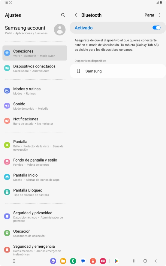 Pulsa el dispositivo Bluetooth deseado y sigue las indicaciones de la pantalla para vincular el dispositivo a la tablet. Pulsa el dispositivo Bluetooth deseado y sigue las indicaciones de la pantalla para vincular el dispositivo a la tablet.