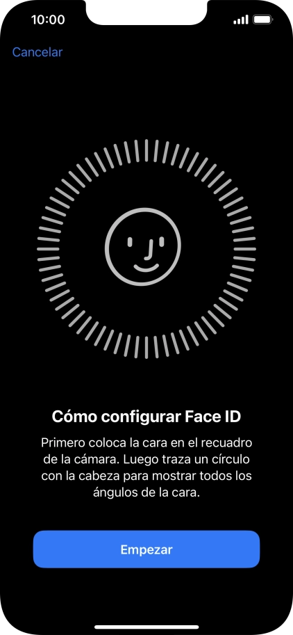 Pulsa Empezar y sigue las indicaciones de la pantalla para crear un código de seguridad con la función de reconocimiento facial (Face ID). Pulsa Empezar y sigue las indicaciones de la pantalla para crear un código de seguridad con la función de reconocimiento facial (Face ID).