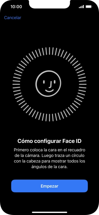 Pulsa Empezar y sigue las indicaciones de la pantalla para crear un código de seguridad con la función de reconocimiento facial (Face ID). Pulsa Empezar y sigue las indicaciones de la pantalla para crear un código de seguridad con la función de reconocimiento facial (Face ID).