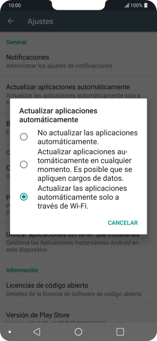 Para desactivar la actualización automática de apps, pulsa No actualizar las aplicaciones automáticamente.. Para desactivar la actualización automática de apps, pulsa No actualizar las aplicaciones automáticamente..