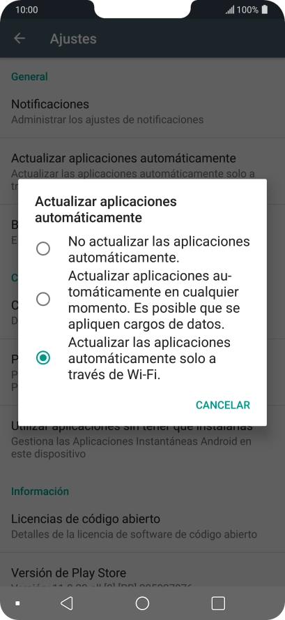 Para desactivar la actualización automática de apps, pulsa No actualizar las aplicaciones automáticamente.. Para desactivar la actualización automática de apps, pulsa No actualizar las aplicaciones automáticamente..