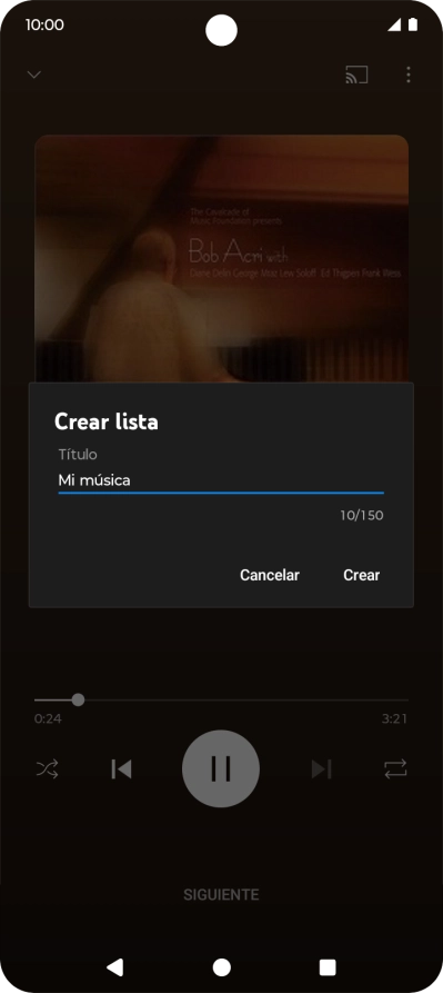Introduce el nombre deseado de la lista de reproducción y pulsa Crear. Introduce el nombre deseado de la lista de reproducción y pulsa Crear.
