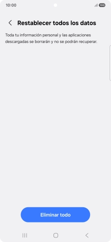 Pulsa Eliminar todo. Espera unos instantes mientras el teléfono restablece la configuración predeterminada. Sigue las indicaciones de la pantalla para configurar el teléfono y dejarlo listo para su uso. Pulsa Eliminar todo. Espera unos instantes mientras el teléfono restablece la configuración predeterminada. Sigue las indicaciones de la pantalla para configurar el teléfono y dejarlo listo para su uso.