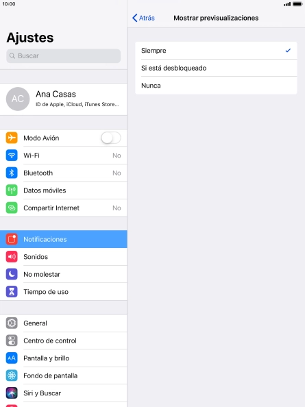 Para seleccionar la vista previa de las notificaciones en la pantalla de bloqueo, pulsa Siempre. Para seleccionar la vista previa de las notificaciones en la pantalla de bloqueo, pulsa Siempre.