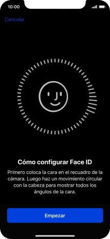 Pulsa Empezar y sigue las indicaciones de la pantalla para crear un código de seguridad con la función de reconocimiento facial (Face ID). Pulsa Empezar y sigue las indicaciones de la pantalla para crear un código de seguridad con la función de reconocimiento facial (Face ID).
