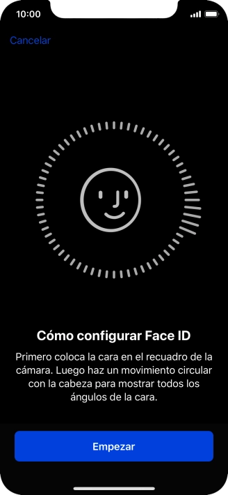 Pulsa Empezar y sigue las indicaciones de la pantalla para crear un código de seguridad con la función de reconocimiento facial (Face ID). Pulsa Empezar y sigue las indicaciones de la pantalla para crear un código de seguridad con la función de reconocimiento facial (Face ID).