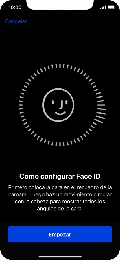 Pulsa Empezar y sigue las indicaciones de la pantalla para crear un código de seguridad con la función de reconocimiento facial (Face ID). Pulsa Empezar y sigue las indicaciones de la pantalla para crear un código de seguridad con la función de reconocimiento facial (Face ID).