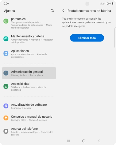 Pulsa Eliminar todo. Espera unos instantes mientras el teléfono restablece la configuración predeterminada. Sigue las indicaciones de la pantalla para configurar el teléfono y dejarlo listo para su uso. Pulsa Eliminar todo. Espera unos instantes mientras el teléfono restablece la configuración predeterminada. Sigue las indicaciones de la pantalla para configurar el teléfono y dejarlo listo para su uso.