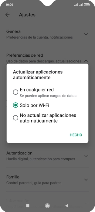 Para activar la actualización automática de apps utilizando la red móvil, pulsa En cualquier red. Para activar la actualización automática de apps utilizando la red móvil, pulsa En cualquier red.