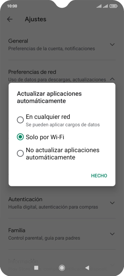Para activar la actualización automática de apps utilizando la red móvil, pulsa En cualquier red. Para activar la actualización automática de apps utilizando la red móvil, pulsa En cualquier red.