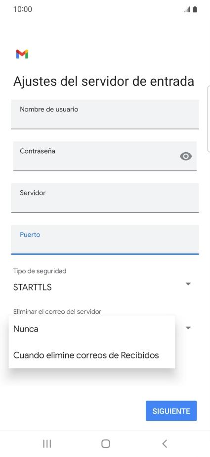 Pulsa Nunca para conservar los correos electrónicos en el servidor cuando los borras del teléfono. Pulsa Nunca para conservar los correos electrónicos en el servidor cuando los borras del teléfono.