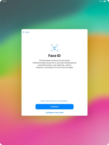 Sigue las indicaciones de la pantalla para activar el uso del reconocimiento facial (Face ID) o pulsa Configurar más tarde. Sigue las indicaciones de la pantalla para activar el uso del reconocimiento facial (Face ID) o pulsa Configurar más tarde.