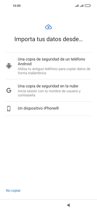 Pulsa la opción deseada y sigue las indicaciones de la pantalla para transferir contenido desde el otro teléfono y finalizar la activación de tu teléfono. Pulsa la opción deseada y sigue las indicaciones de la pantalla para transferir contenido desde el otro teléfono y finalizar la activación de tu teléfono.