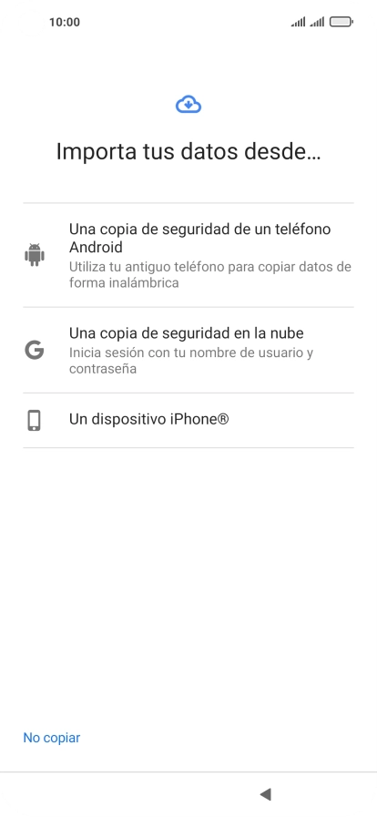 Pulsa la opción deseada y sigue las indicaciones de la pantalla para transferir contenido desde el otro teléfono y finalizar la activación de tu teléfono. Pulsa la opción deseada y sigue las indicaciones de la pantalla para transferir contenido desde el otro teléfono y finalizar la activación de tu teléfono.