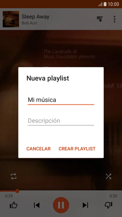 Introduce el nombre deseado de la lista de reproducción y pulsa CREAR PLAYLIST. Introduce el nombre deseado de la lista de reproducción y pulsa CREAR PLAYLIST.