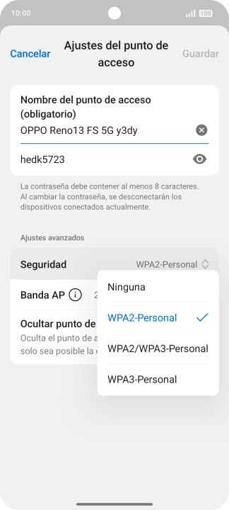 Pulsa WPA3-Personal para proteger la conexión wifi con una contraseña. Pulsa WPA3-Personal para proteger la conexión wifi con una contraseña.