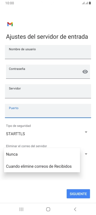 Pulsa Nunca para conservar los correos electrónicos en el servidor cuando los borras del teléfono. Pulsa Nunca para conservar los correos electrónicos en el servidor cuando los borras del teléfono.