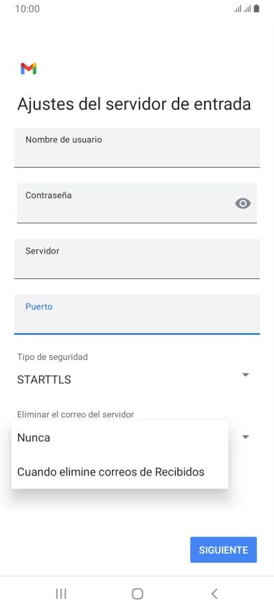 Pulsa Nunca para conservar los correos electrónicos en el servidor cuando los borras del teléfono. Pulsa Nunca para conservar los correos electrónicos en el servidor cuando los borras del teléfono.